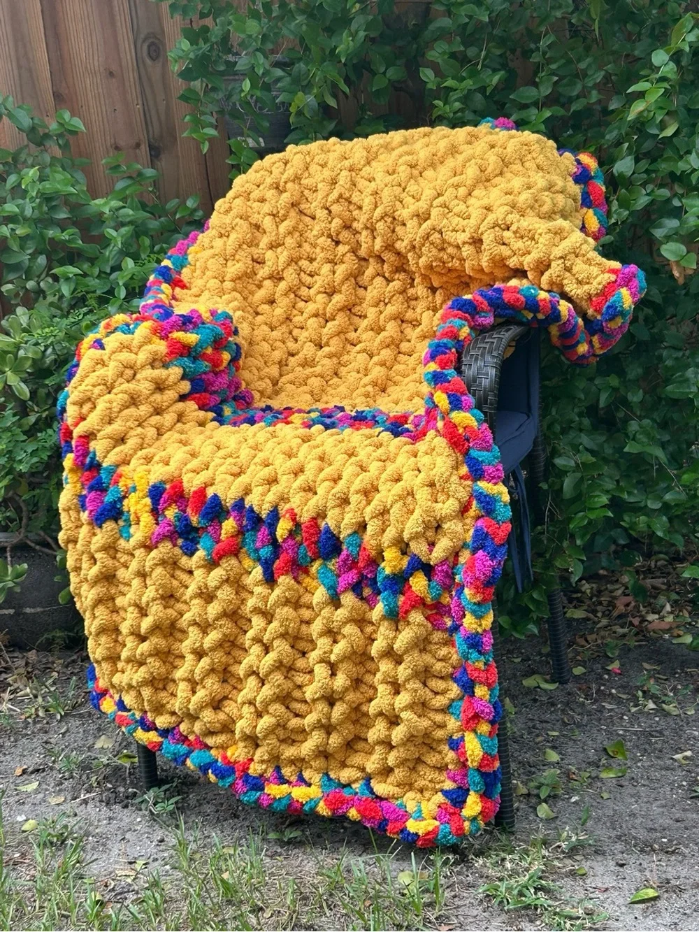 Hand Crafted Mustard Yellow Chunky Knit Throw with Colorful Braided Edge